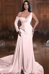 Dark Green One Shoulder Long Sleeves Mermaid Evening Dress with Ruffles